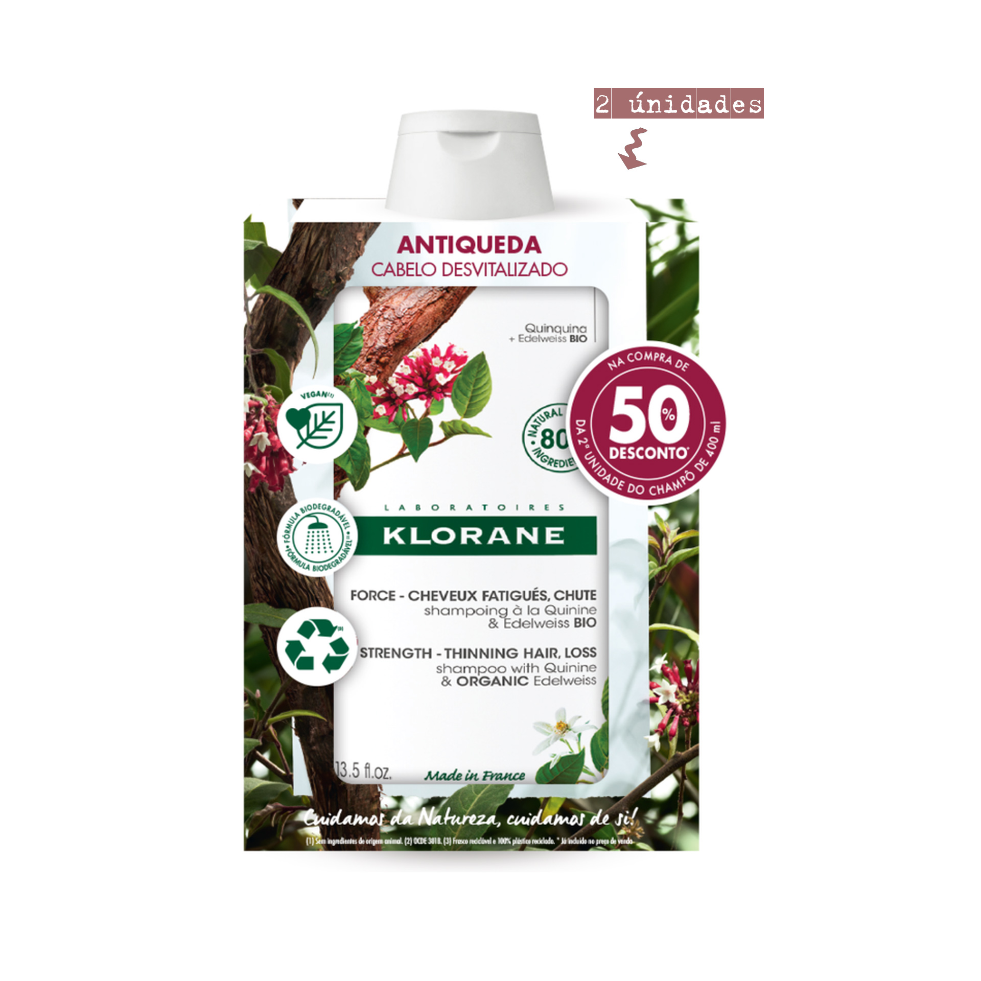 Klorane Champô Quinina/Edelvaisse Bio 2x400ml