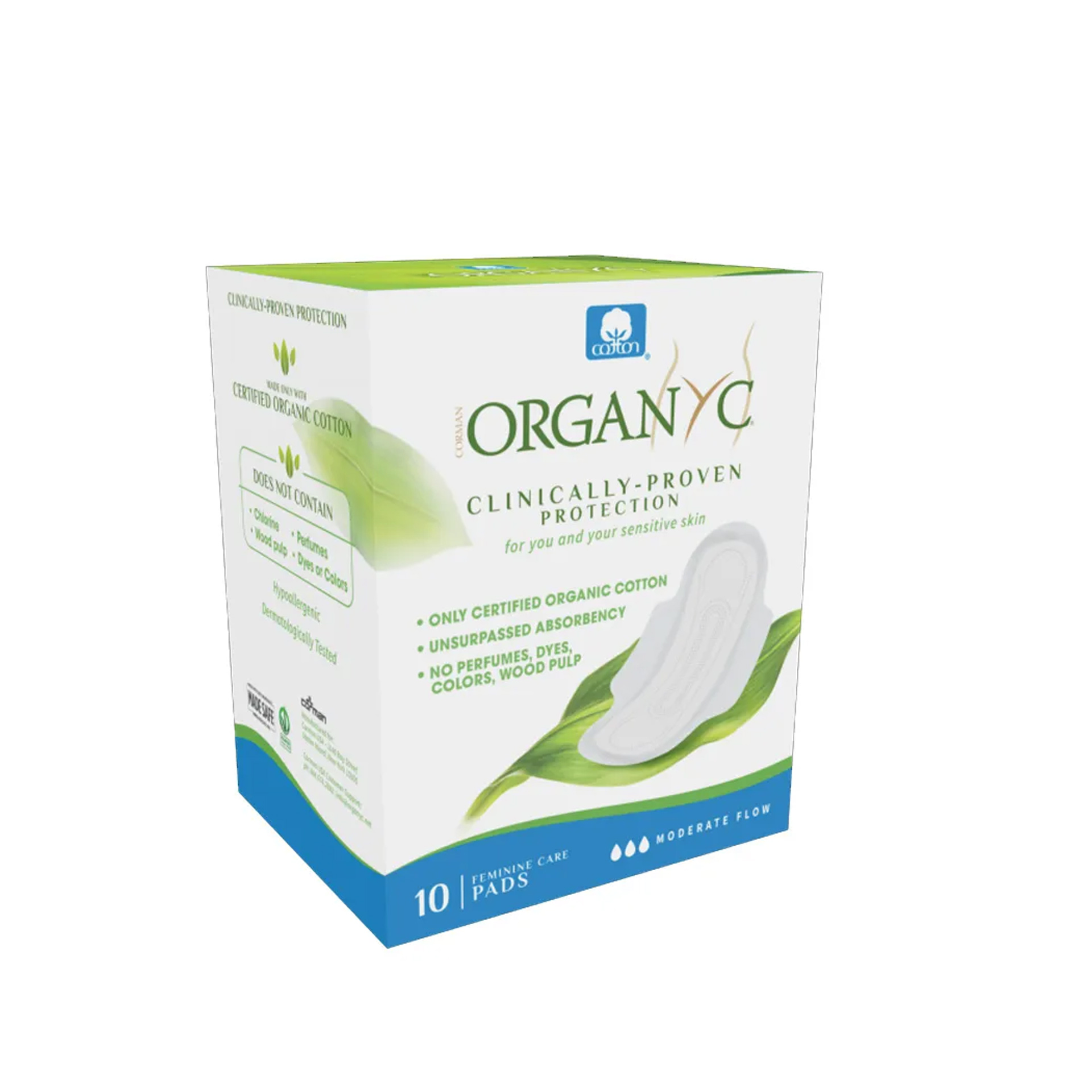 Organyc Pensos de Algodão Orgânico, Fluxo Moderado, 10 Pensos