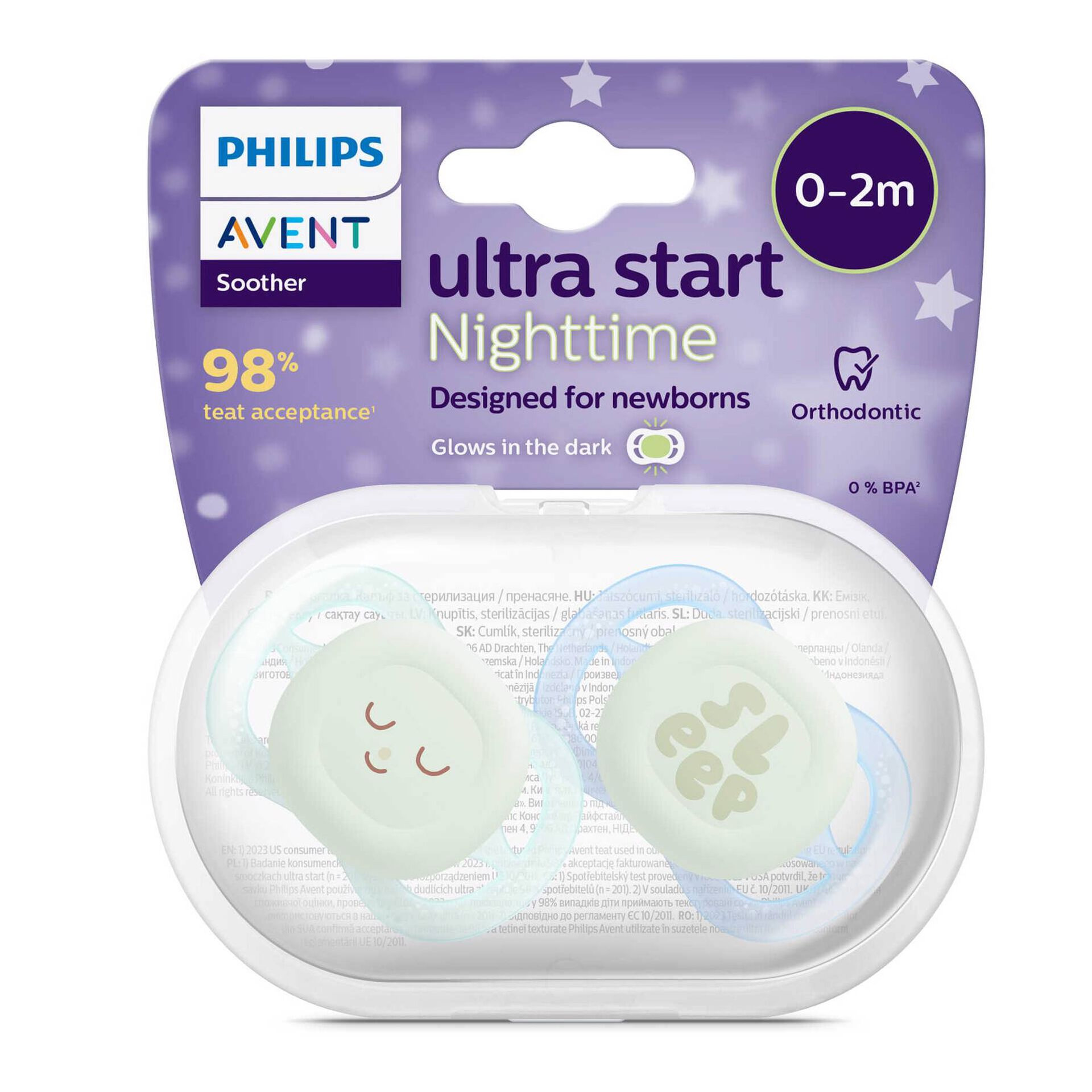 Philips Avent Chupeta Noturna Ultra Start Verde/Azul 0-2M x2