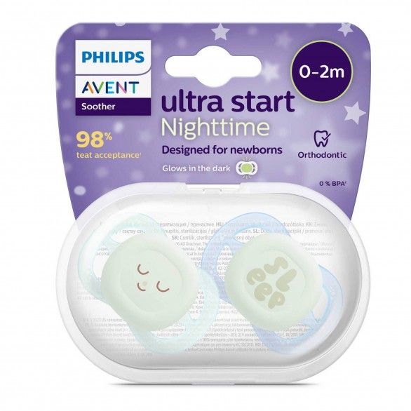 Philips Avent Chupeta Noturna Ultra Start Verde/Azul 0-2M x2